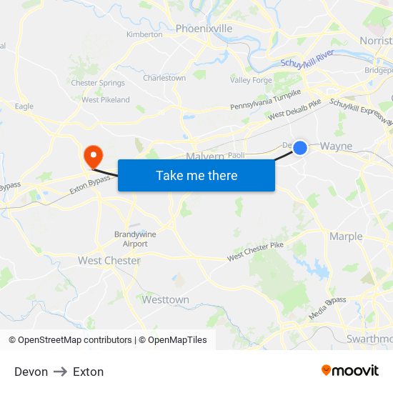 Devon to Exton map