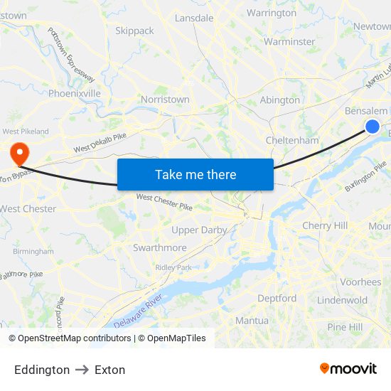 Eddington to Exton map