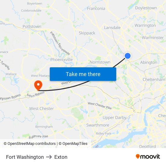 Fort Washington to Exton map