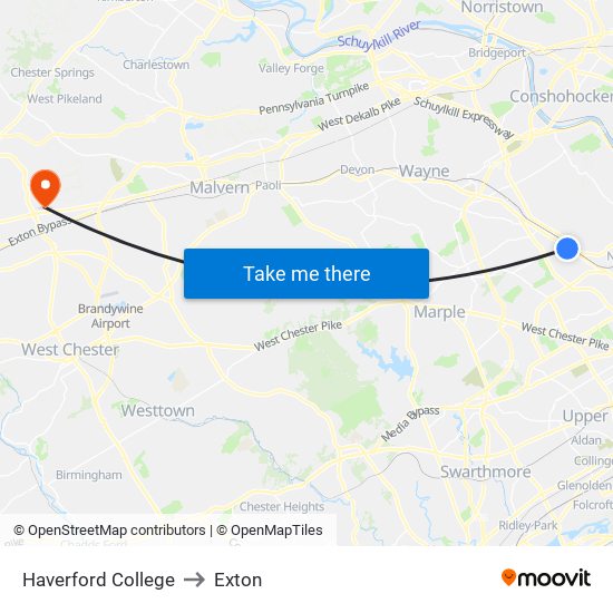 Haverford College to Exton map