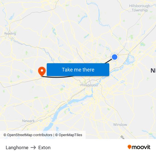 Langhorne to Exton map