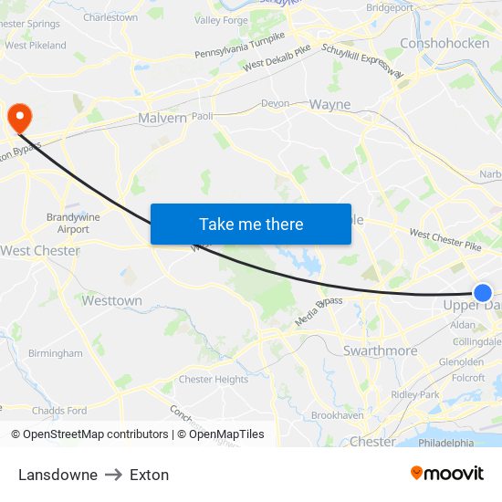 Lansdowne to Exton map