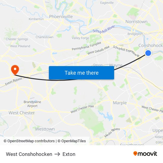 West Conshohocken to Exton map