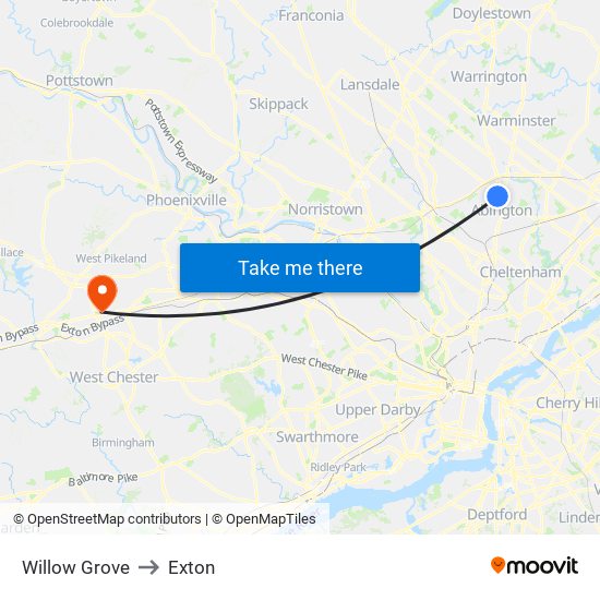 Willow Grove to Exton map