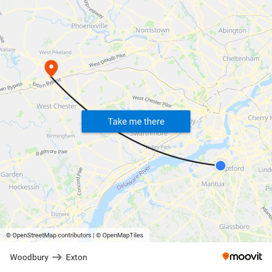 Woodbury to Exton map