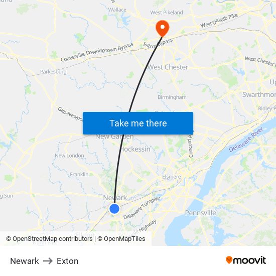 Newark to Exton map