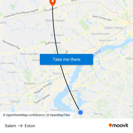 Salem to Exton map