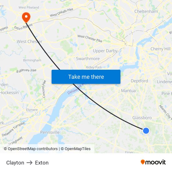 Clayton to Exton map