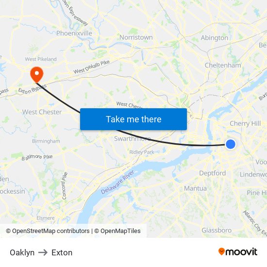 Oaklyn to Exton map