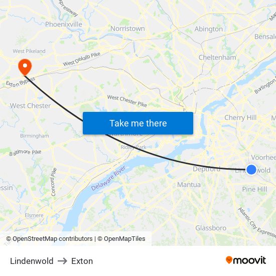 Lindenwold to Exton map