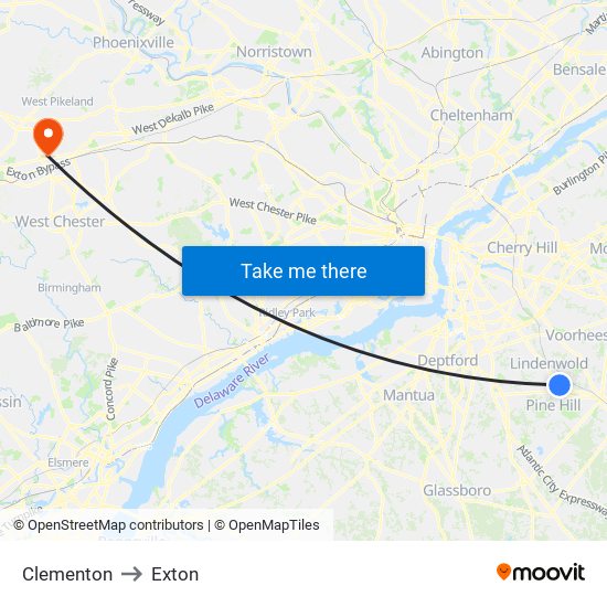 Clementon to Exton map