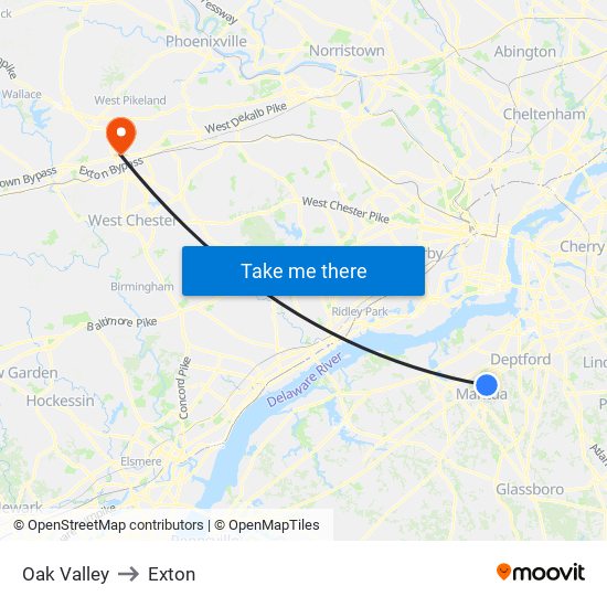 Oak Valley to Exton map