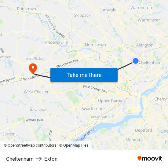 Cheltenham to Exton map