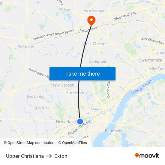 Upper Christiana to Exton map