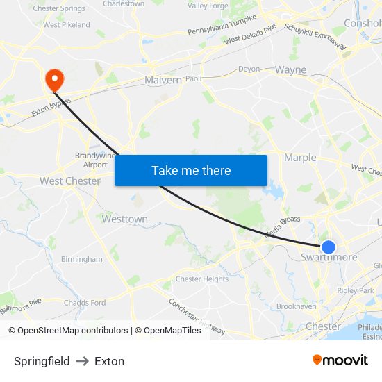 Springfield to Exton map