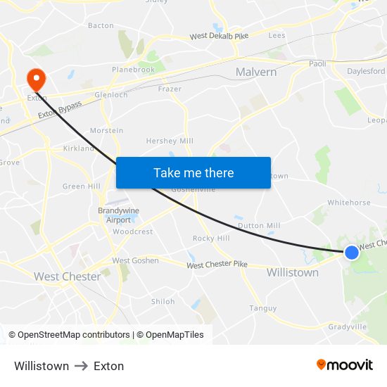 Willistown to Exton map