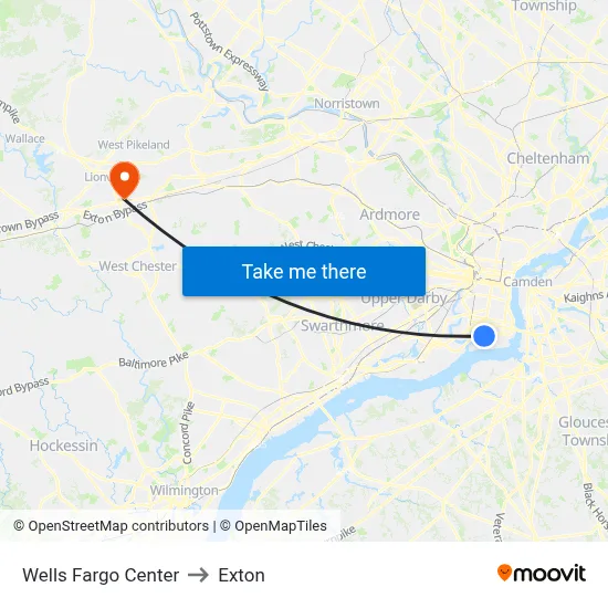 Wells Fargo Center to Exton map