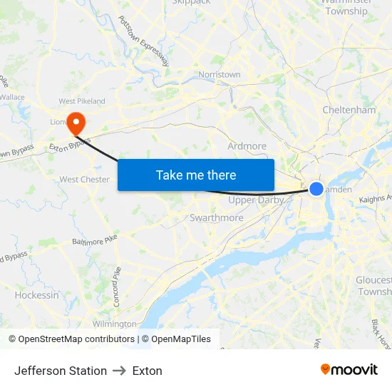 Jefferson Station to Exton map
