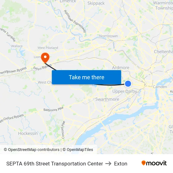 SEPTA 69th Street Transportation Center to Exton map