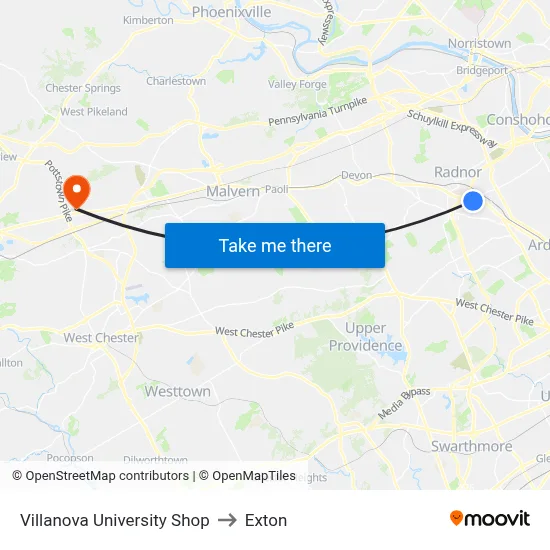Villanova University Shop to Exton map
