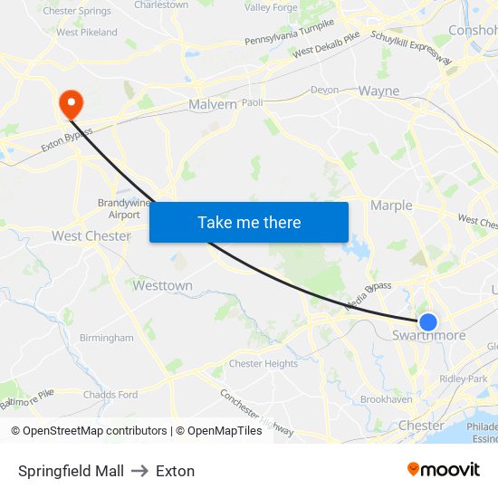 Springfield Mall to Exton map