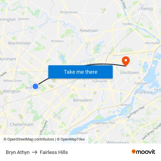 Bryn Athyn to Fairless Hills map