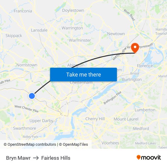Bryn Mawr to Fairless Hills map