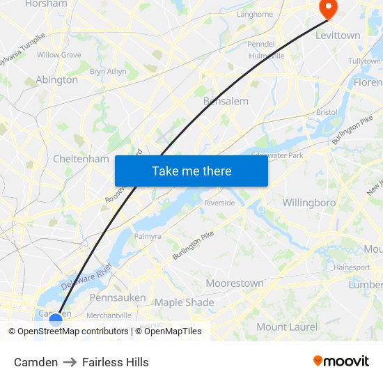 Camden to Fairless Hills map