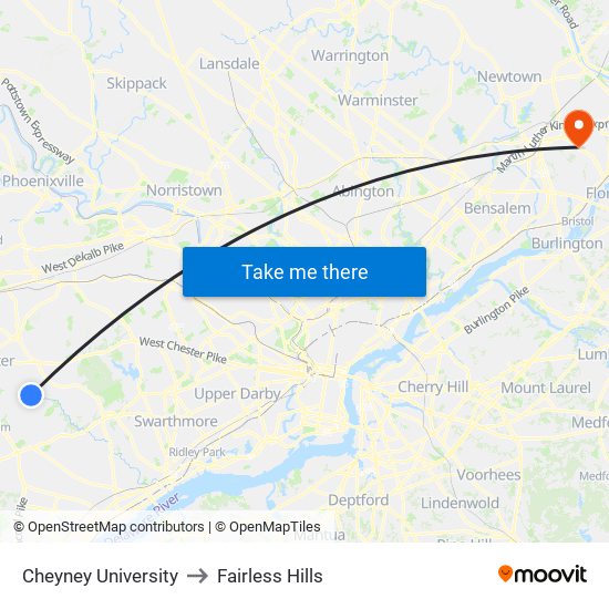 Cheyney University to Fairless Hills map
