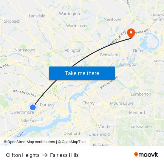 Clifton Heights to Fairless Hills map