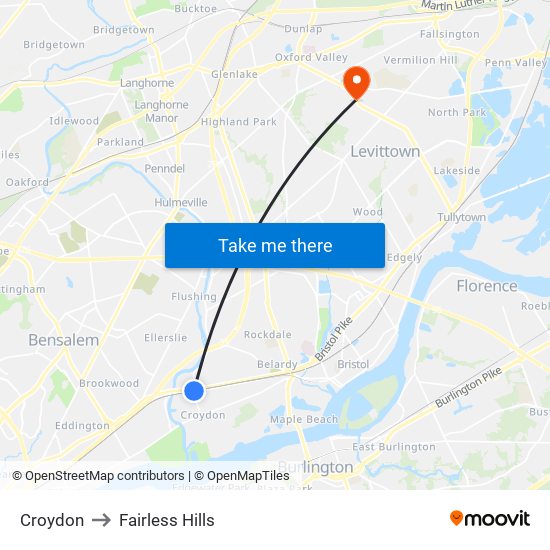 Croydon to Fairless Hills map