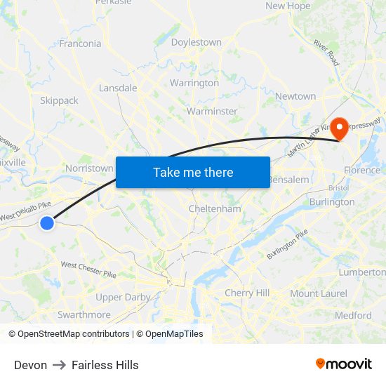 Devon to Fairless Hills map