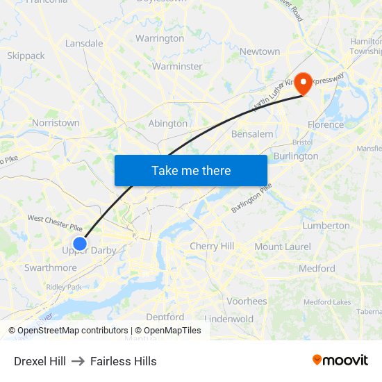 Drexel Hill to Fairless Hills map