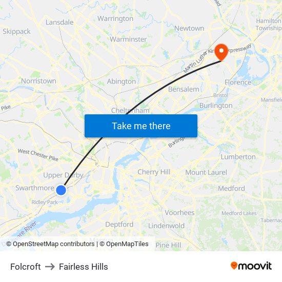 Folcroft to Fairless Hills map