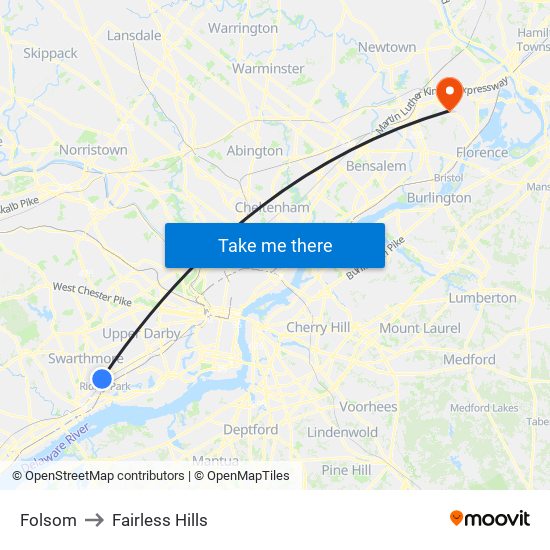 Folsom to Fairless Hills map