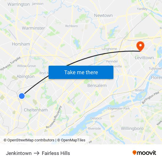 Jenkintown to Fairless Hills map