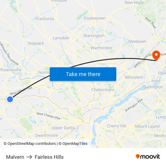 Malvern to Fairless Hills map