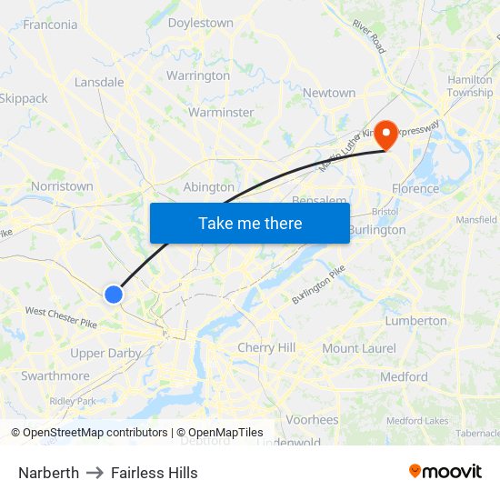 Narberth to Fairless Hills map