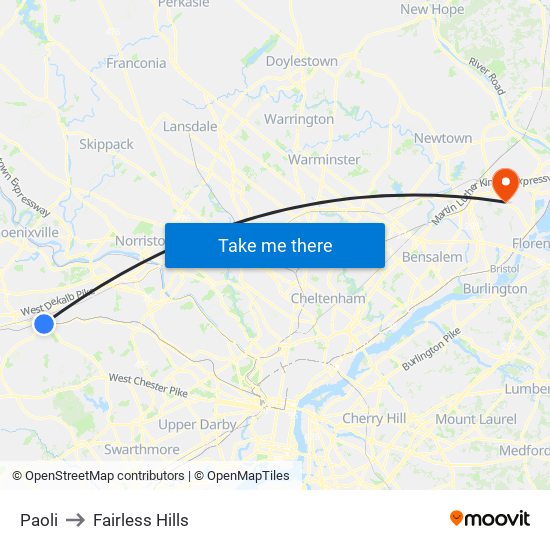 Paoli to Fairless Hills map