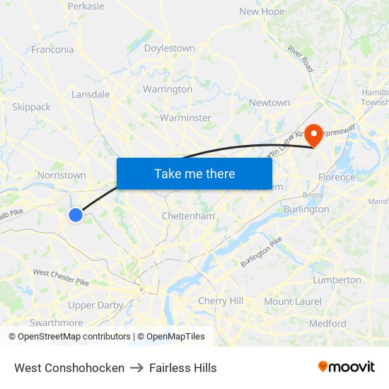 West Conshohocken to Fairless Hills map