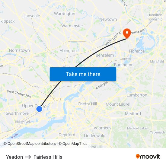 Yeadon to Fairless Hills map