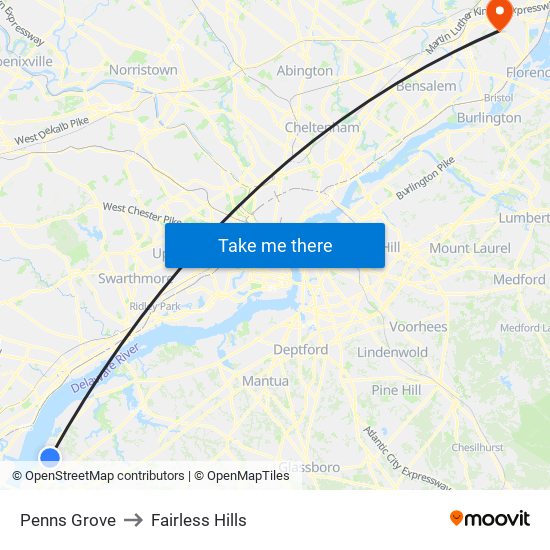 Penns Grove to Fairless Hills map