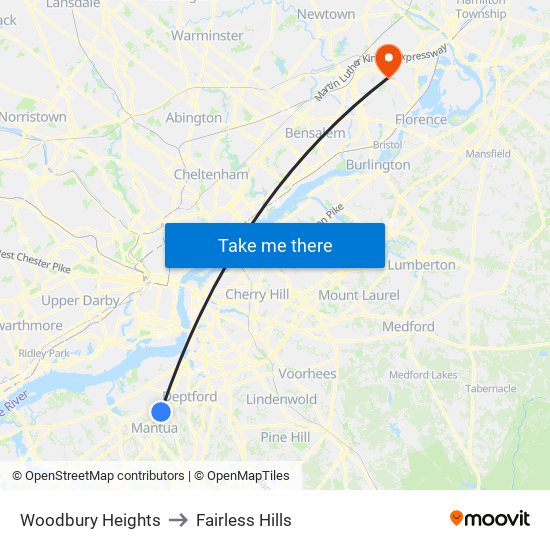 Woodbury Heights to Fairless Hills map