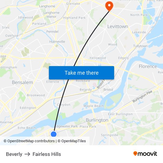 Beverly to Fairless Hills map