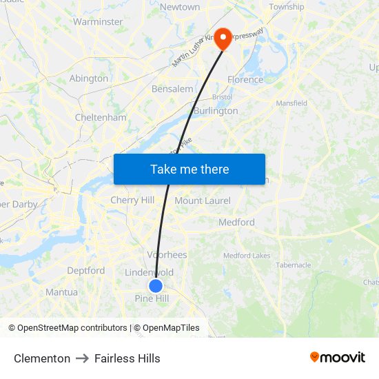 Clementon to Fairless Hills map