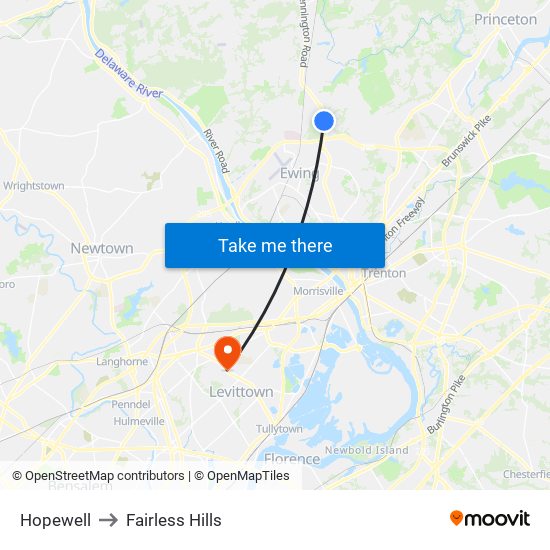 Hopewell to Fairless Hills map