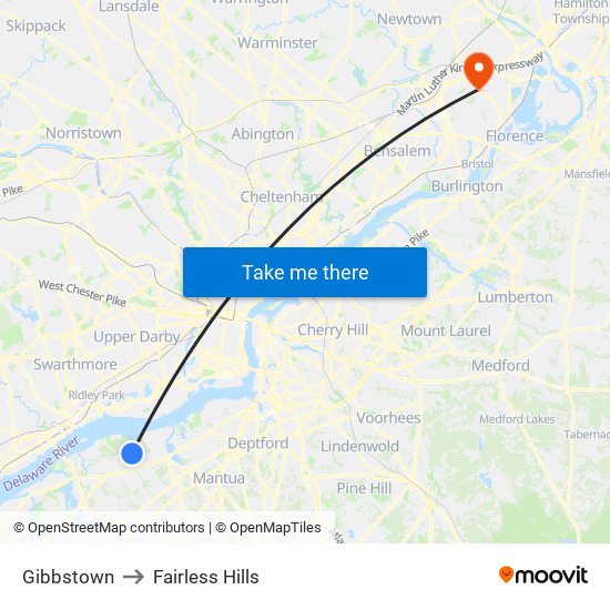 Gibbstown to Fairless Hills map