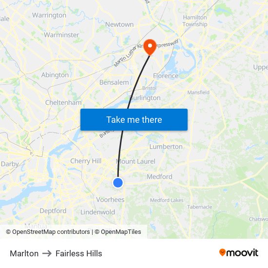 Marlton to Fairless Hills map