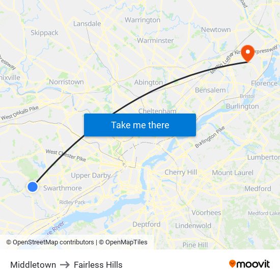 Middletown to Fairless Hills map