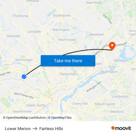 Lower Merion to Fairless Hills map